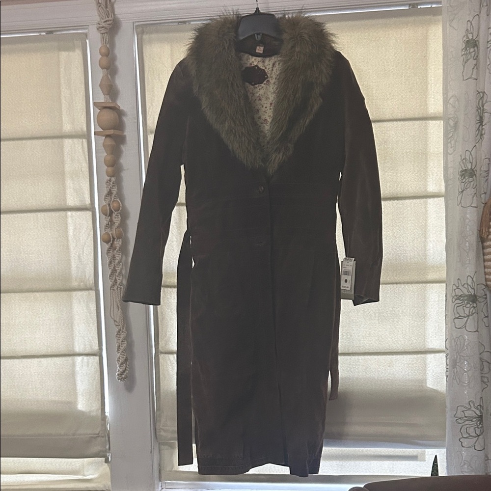 Wilsons Leather Dark Brown Faux Fur Collar Trench Coat